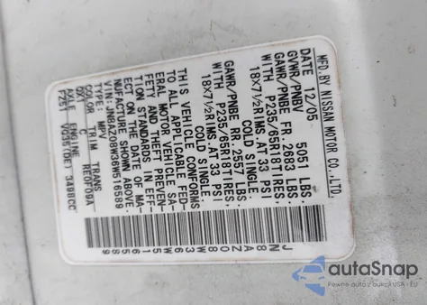 2006 Nissan Murano Sl из США, поврежденный, VIN JN8AZ08W36W516589